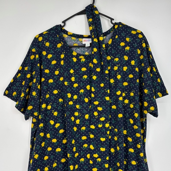 LuLaRoe Size 2XL Midi Dress Navy Blue Yellow Rose Floral Polka Dot Belt Short Sl - Picture 2 of 10